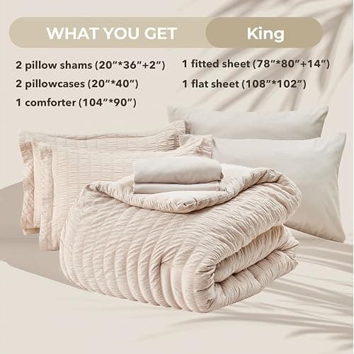 HYMOKEGE Beige King Size Comforter Set Seersucker 7 Pieces, All Season Luxury Bed in a Bag for Bedroom, Bedding Set with Comforters, Sheets, Pillowcases & Shams thumbnail 6