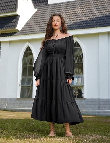 Scarlet Darkness Women Renaissance Off Shoulder Long Sleeve Smocked Waist Tiered Long Maxi Dress thumbnail 2