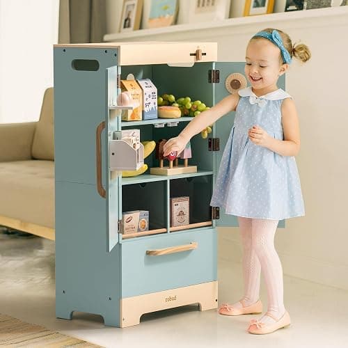 ROBUD Fridge Refrigerator with Ice Dispenser, Wooden Play Fridge Freezer Set for Kids, Toddler Kitchen Playset with Full Accessories Pretend Play Set, Gift for Boys & Girls, Age 3+ thumbnail 4