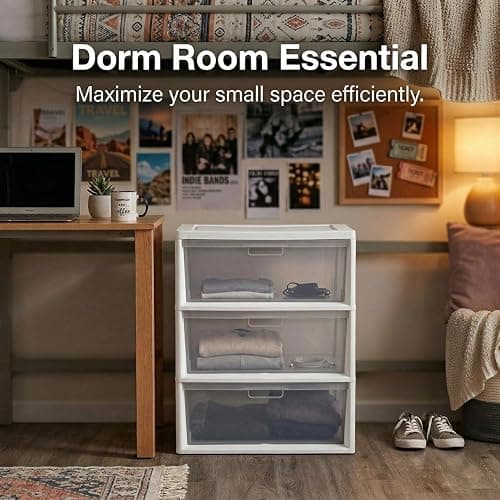 Wide 3 Drawer Plastic Storage Tower with Clear Removable Bins, 15.6" x 21" x 25.2" Organizer Unit with Drawer Stops and Easy-Pull Handles for Closet, Dorm, and Office Organization, White thumbnail 8