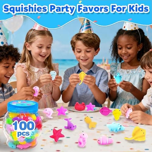 LIKYMO Mochi Squishy Toys Set, 100 PCS Mini Kawaii Squishies, Stress Relief Fidget Toys Party Bag Fillers for Kids Boys Gilrs, Birthday Return Gifts Party Favours(ocean) thumbnail 2
