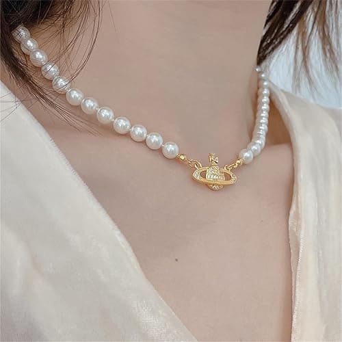 Pearl Saturn Necklace for Women Rhinestone Planet Choker Artificial Pearl Necklace Birthday Party Anniversary Ladies' Wedding Charm Jewelry Gift thumbnail 2