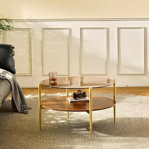 Saint Mossi Glass Round Coffee Table for Living Room, Middle-Century Modern Style, Coffee Brown Glass Top & Walnut Brown MDF Wood Top, with Gold Finish Legs & Frame thumbnail 5