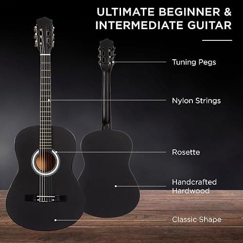 Best Choice Products 38in Beginner All Wood Acoustic Guitar Starter Kit w/Gig Bag, 6 Picks, Nylon Strings, Strap w/Pick Holder - Matte Black thumbnail 4