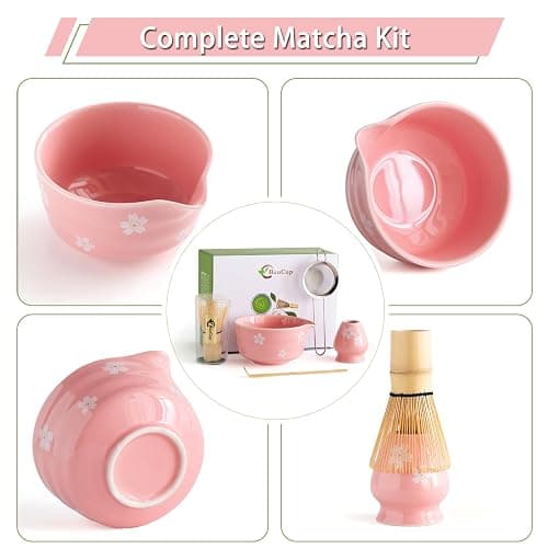 Buucup Matcha Whisk Set, Ceramic Matcha Bowl with Spout, Pink Matcha Kit | Includes bamboo whisk, holder, scoop and stainless sifter. Japanese-style matcha set designed for smooth tea preparation. thumbnail 4
