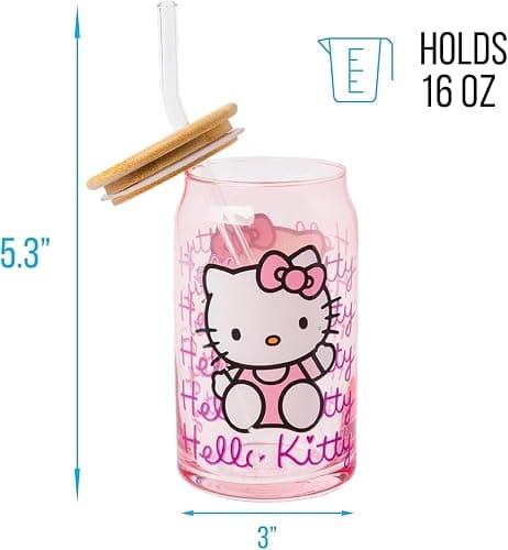 Silver Buffalo Sanrio Hello Kitty Waving Pink Glass Jar Tumbler with Bamboo Lid and Glass Straw, 16 Ounces | Sanrio, Waving, Jar, Tumbler, Bamboo Lid, Glass Straw thumbnail 3