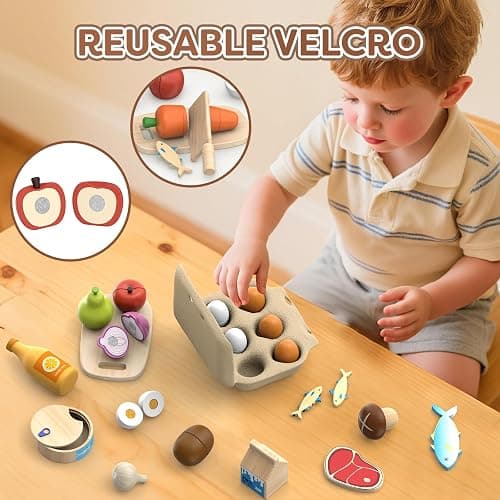 Wooden Play Food Toys for Kids - Pretend Play Kitchen Accessories Toy Set for Toddlers, Cutting Fruits Vegetables Toys Gift for Boys Girls Ages Over 3 Year Old thumbnail 6