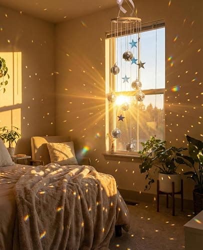 AceList Hanging Disco Ball Decor Suncatcher - 35" Boho Silver Wall Decor for Bedroom Aesthetic, 70s Retro Groovy Room Decoration, Shatterproof Sparkle Rainbow Maker with Stars, Unique Gifts thumbnail 8