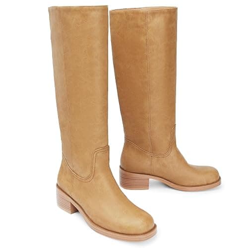 Gothictor Women's Banana Knee High Boots Square Toe Chunky Block Heel Comfortable Low Heel Pull on Wide Calf Riding Long Boots for Women thumbnail 6