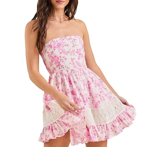 Tube Top Dress for Women Summer Strapless Floral Mini Dresses Off The Shoudle Ruffle Beach Dress - Pink - Medium - Image 1