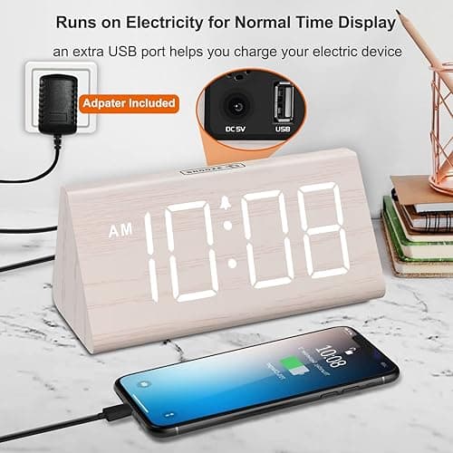 DreamSky Wooden Digital Alarm Clock for Bedroom - Living Room Desk Clock with Large Numbers, Bedside Nightstand Clock with USB Port, Adjustable Volume, Dimmer, DST, Office Wood Décor, Adapter Powered thumbnail 5