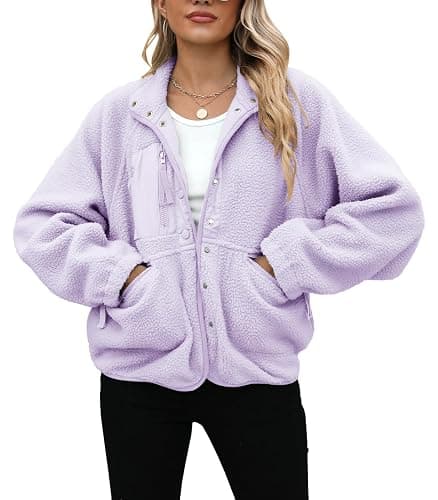 Yanekop Womens Fleece Jacket Fuzzy Long Sleeve Short Winter Coats Button Down Sherpa Jacket Outerwear with Pockets thumbnail 3