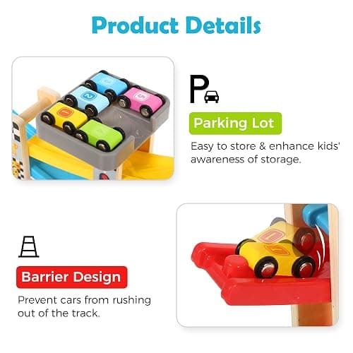Belleur Montessori Toy for 1-3 Years Old Boys and Girls, Kid Race Track Car for Toddlers with 5 Mini Cars & 5 Ramps, Wooden Montessori Car Ramp Toy Set for Babies' Birthday Gifts, Visit Gifts thumbnail 4