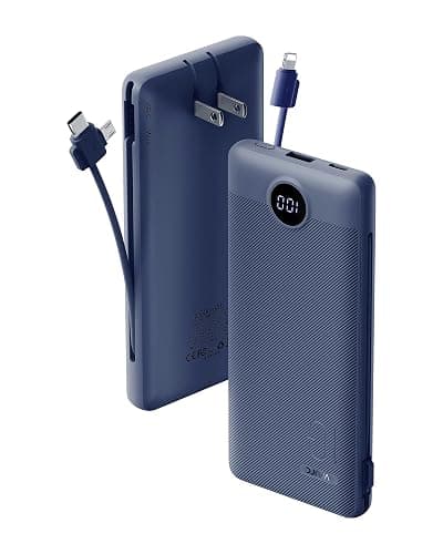 VRURC Portable Charger Built-in Cables and AC Wall Plug, USB C Power Bank 10000mAh, Travel Battery Portable Phone Charger Compact Lightweight External Battery Pack for Smart Phones, Tablets etc-Navy - Image 1