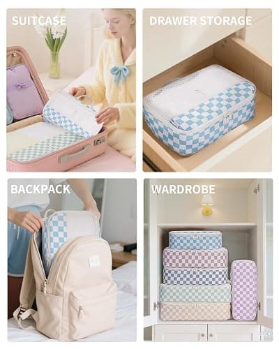 Narwey 7 Set Packing Cubes Travel Organizer, Packing Cubes Carry on Luggage Set Suitcase Backpack for Travelling, Travel Essentials Accessories Cubes with Laundry Bag (Combined Checkerboard) thumbnail 5