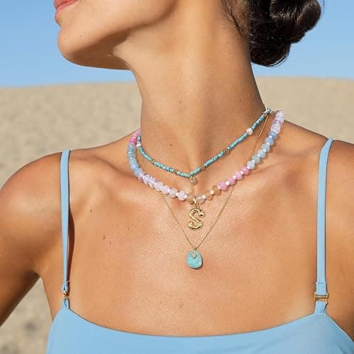 KissYan Initial Necklaces for Women, Colorful Beaded Gemstone Choker 14K Gold Bubble Letter Pendant Necklace Natural Stone Summer Beach Handmade Jewelry Gift thumbnail 4