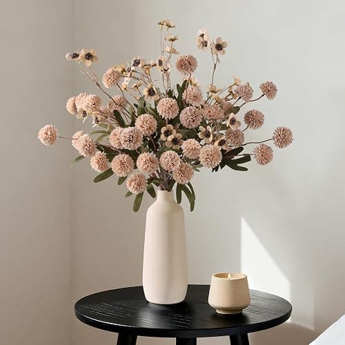 HyeFlora Fake Kiku Flowers, Faux Silk Pompon Mums Artificial Flowers, Chrysanthemum Stems Floral Arrangement Dried Flowers Vintage Decorative Indoor Home Decor Beige with Wax (Vase not Included) thumbnail 7