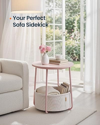SONGMICS HOME Small Side Table, Round End Table, 2 Tier Nightstand with Basket, U Shaped Steel Legs, Easy Assembly, for Living Room, Bedroom, Pink and White thumbnail 4