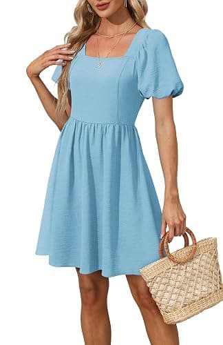 OFEEFAN Women Puff Sleeve Square Neck Tie in Back Dresses with Zipper thumbnail 4