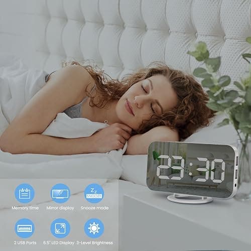 Muoigoe Digital Alarm Clock,Large Display LED And Mirror Desk Clock With Dual USB Charger Ports, 3 Levels Brightness,12/24H Alarm Clocks, Modern Electronic Clock for Bedroom Living Room Office - White - White thumbnail 7