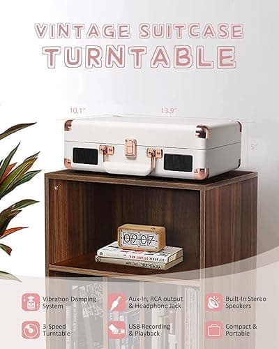 Vinyl Record Player Bluetooth Vintage 3-Speed Portable Suitcase Turntables with Built-in Speakers, Belt-Driven LP Player Support USB Recording AUX-in RCA Line Out Headphone Jack, White thumbnail 5