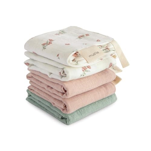 mushie Muslin Organic Cotton Washcloths 5-Pack (Pink Flowers Combo) | Soft Wipes for Baby Cleanups and Bathing - Image 1