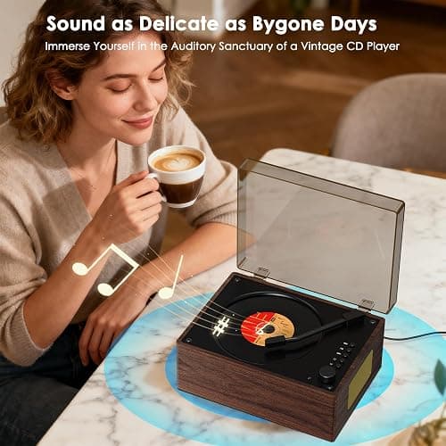 Portable CD Player with Bluetooth 5.3, Hi-Fi Speakers,3.5mm AUX, USB Playback Retro CD Player for Home(Brown) thumbnail 7