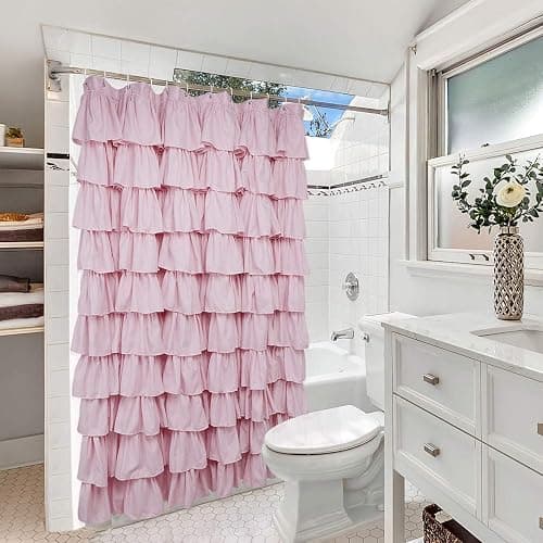Volens Pink Ruffle Shower Curtain Farmhouse Rustic Fabric Cloth Shower Curtains for Bathroom, 72" x 72" thumbnail 6