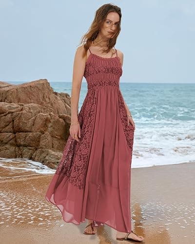 Gacaky Summer Dress for Women Casual Lace Floral Embroidered Bohemian Maxi Dress Flowy A Line Beach Long Dresses thumbnail 6