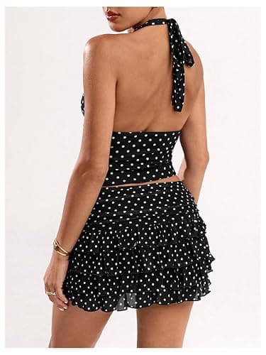 RoseSeek Women's Y2K Polka Dots Backless Halter Tops Sleeveless Ruched Fitted Low Cut Crop Top thumbnail 2