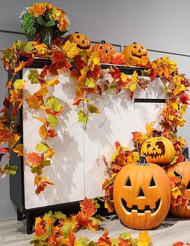 wohohoho 2 Packs Fall Garland Maple Leaf, 5.9Ft/Pieces Fall Leaves Garland 7 Maple Leaves Hanging Vines for Autumn Decor Halloween Thanksgiving Christmas Indoor Outdoor Decorations | Artificial Fall Leaves Garland with Hooks, Autumn Thanksgiving Halloween Decor for Mantle Fireplace Door Indoor Outdoor thumbnail 6