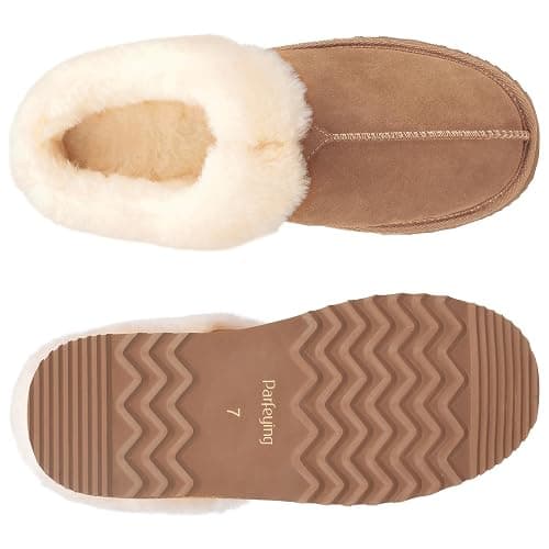 Parfeying Women's Slip on House Slippers, Real Wool from Sheep, Anti-slip Rubber Sole Warm Indoor Outdoor Slippers for Women thumbnail 4