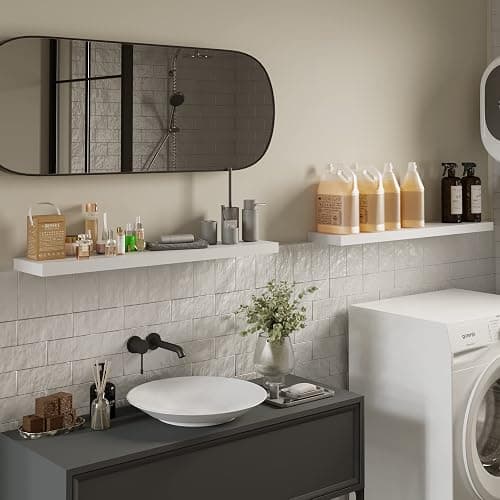 BAMEOS Floating Shelves, 35 in W x 7in D White Wall Mounted Wooden Shelves with Invisible Brackets Set of 2, Hanging Wall Shelves Decoration for Bedroom and Kitchen thumbnail 4