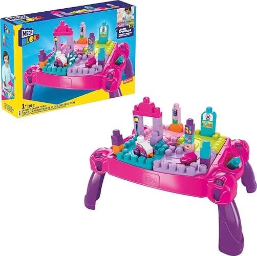 MEGA BLOKS First Builders Toddler Blocks Toy, Build ‘n Learn Portable Activity Table with 30 Pieces and Built-In Storage, Pink, Kids Ages 1+ Years (Amazon Exclusive) - Image 1
