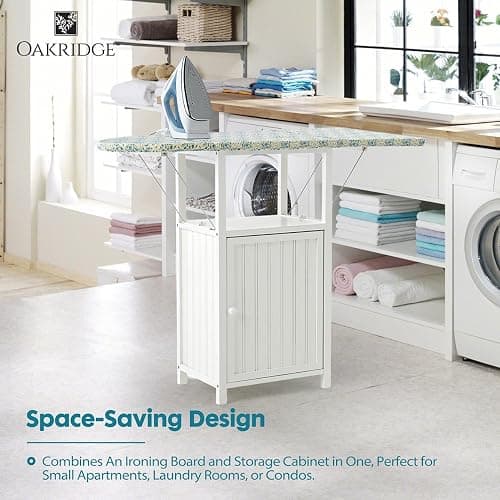 OakRidge Deluxe Ironing Board with Storage Cabinet, Perfect for Small Spaces with Extra Storage, Folding Station, Crafted with 100% Durable Wood, White Design – Measures 36.5" H x 15.5" W x 23" L thumbnail 4