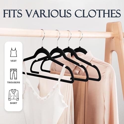 HOUSE DAY Black Velvet Hangers 60 Pack, Non Slip Clothes Felt Hanger Heavy Duty for Coat, Premium Slim Space Saving Suit Hangers for Closet Organizer, 360° Rotating Silver Hook - Black - 60 Pack thumbnail 4