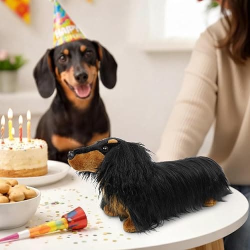 Dachshund Stuffed Dog Animal Plush Toy 17" Standing Black Tan Wiener Realistic Long Haired with Fluffy Curly Fur Lifelike Sausage Doxie Puppy Gifts for Kids Decor Dog Lover Non-Vacuumed Gift Ready thumbnail 2