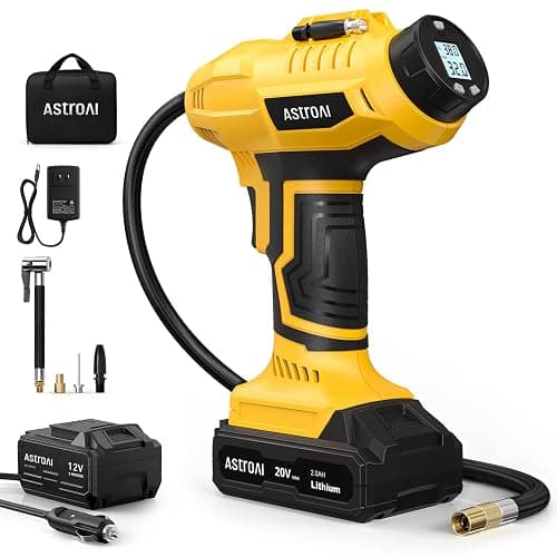 AstroAI Cordless Tire Inflator Air Compressor 20V Rechargeable Battery Powered 160PSI Portable Air Pump with 12V Car Power Adapter Digital Pressure Gauge for Cars Motorcycles JY16P160-18（C2）Yellow - Image 1