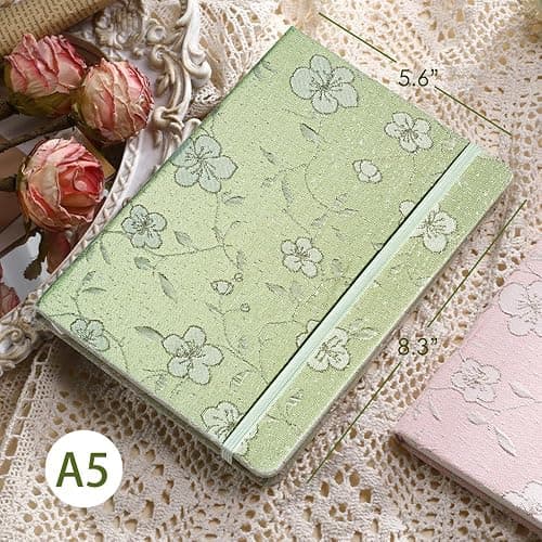 ipoul A5 Notebook, Ruled Paper, Lined Page, Hardcover, Layflat, Linen Cover, Flower Fabric, Journal for Women, Elastic Band Closure, Cute Notebooks for School, Office, Personal Writing, Green thumbnail 2