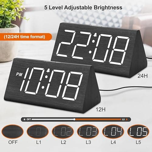 DreamSky Wooden Digital Alarm Clocks for Bedrooms - Electric Desk Clock with Large Numbers, USB Port, Loud Alarm for Heavy Sleepers, Adjustable Volume, Dimmer, DST, Wood Décor Gifts, Adapter Powered thumbnail 5