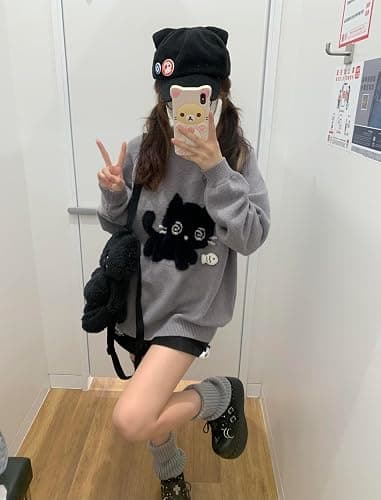 Y2K Kawaii Knit Cute Cat Print Casual Long Sleeve Crew Neck Oversize Pullovers Sweaters for Women thumbnail 5