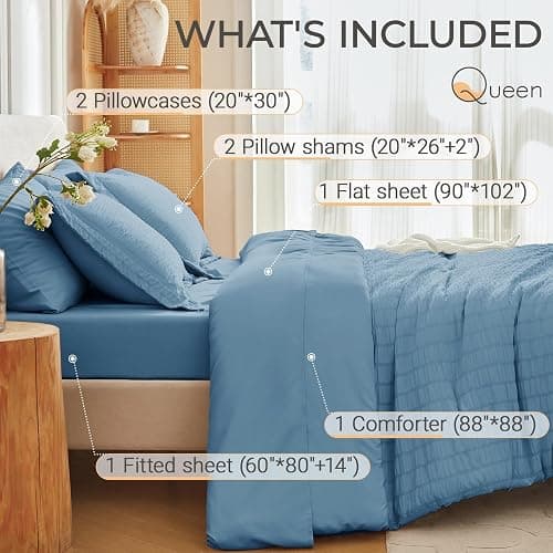 MUXHOMO 7 Pieces Queen Comforter Set, Seersucker Bed in a Bag Queen Size, All Season Luxury Bedding Set with Comforter, Flat Sheet, Fitted Sheet, Pillowcases & Shams, Mineral Blue thumbnail 4