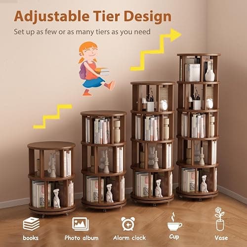 Muwuele Solid Wood Rotating Bookshelf on Wheels, 5 Tier, Round Revolving Bookcase, 360° Spinning Book Shelf Tower for Kids, Narrow Rolling Bookshelves for Small Space, Corner, Bedroom, Office, Walnut thumbnail 7