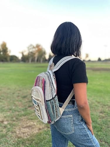 AUNERCART Hemp Backpack Cotton Canvas Stripe 13 Inch Laptop Tab Business Traveling Bag Himalayan Backpack College Gift Bag Casual Daypack 13 x 11 x 5 Inches thumbnail 6