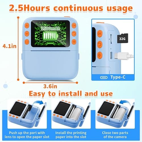 Instant Print Camera for Kids, Christmas Birthday Gifts for Girls Boys, 1080P Instant Digital Print Cameras for Toddler,Portable Toy for 4 5 6 7 8 9 10 Year Old Girl with 32GB SD Card，Light Blue thumbnail 6