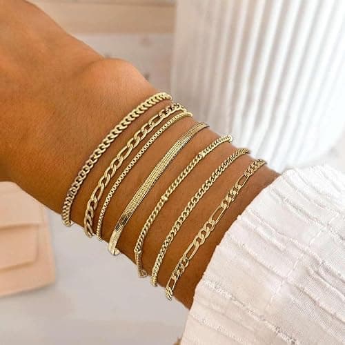 16 PCS Gold Bracelets for Women, Dainty Bracelets Set for Women Trendy, Gold Stackable Cuban Link Paperclip Chain Bracelet Pack Jewelry Gifts for Women thumbnail 3