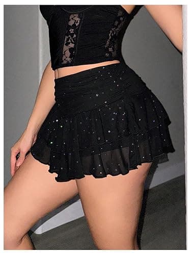 RoseSeek Women's Y2K Sequin Mesh Ruffle Layered Skirts Drop Waist Glitter Ruched Mini Skirt Concert Outfits thumbnail 2