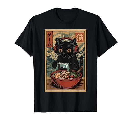 Cute Kawaii Gamer Cat Funny Ramen Retro Japanese Cat Gaming T-Shirt - Image 1