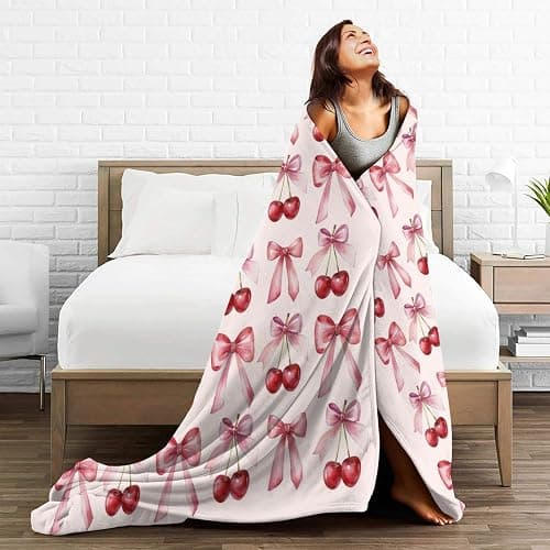 Pink Bow Cherry Coquette Throw Blanket Preppy Cute Aesthetic Flannel Blanket 40"X30" Soft Cozy Warm Bed Blanket for Home Decor Dorm Living Room Bedroom Bed Sofa Travel Camping,Women Girls Gifts thumbnail 7