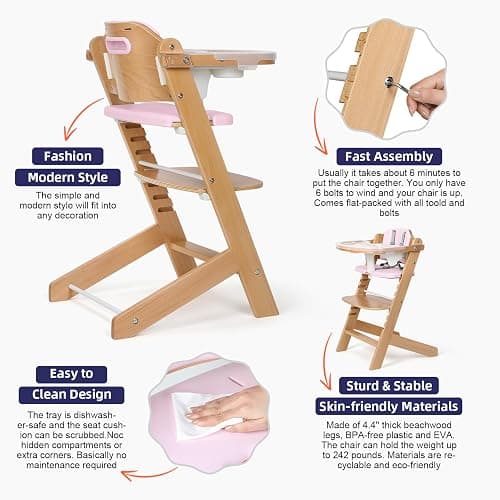 Cowiewie Natural Wooden High Chair for Babies & Toddlers 3-Tier Remove Adjustable Tray and Highchair with Cushions, Easy to Clean, Portable. (Pink) thumbnail 5